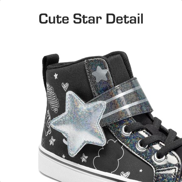 Kid's Girls Sneaker Hook Loop Sparkly Shiny Star Comfortable Casual Black Shoes - Picture 2 of 6